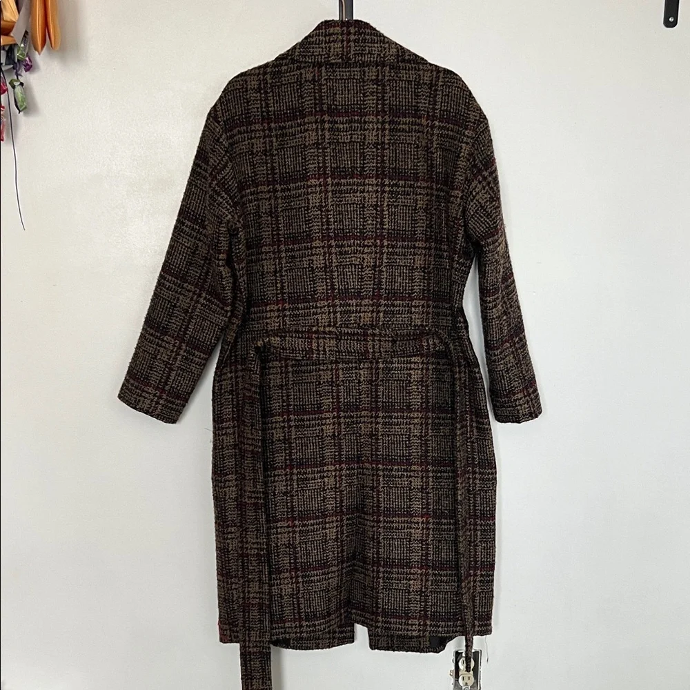 Express Tan Red Navy Tweed Plaid Coat - Picture 8 of 12